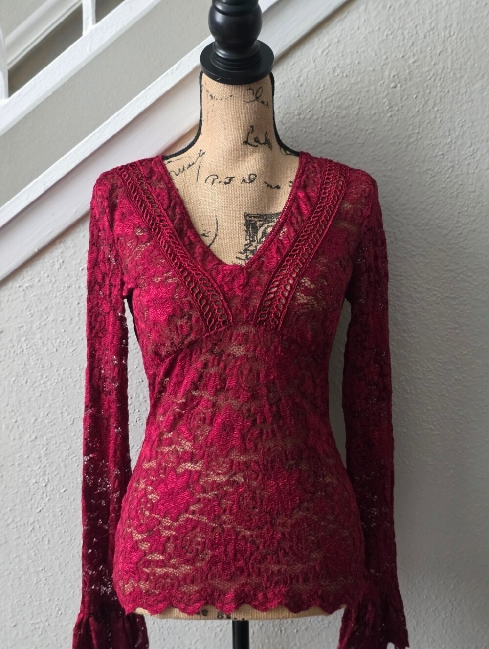 Vintage Moda International Red Lace Long Sleeve Top Size Medium Y2K